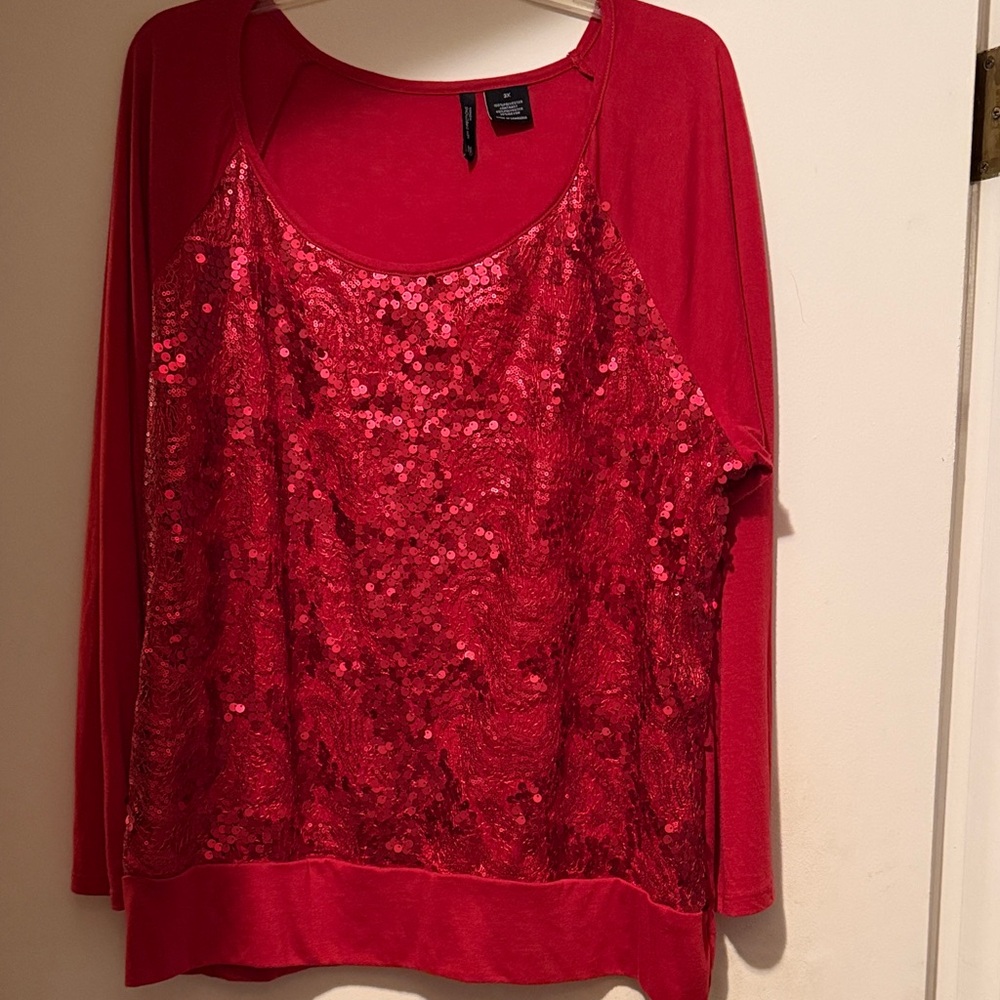 New Directions Red Sequin Long Sleeve Top